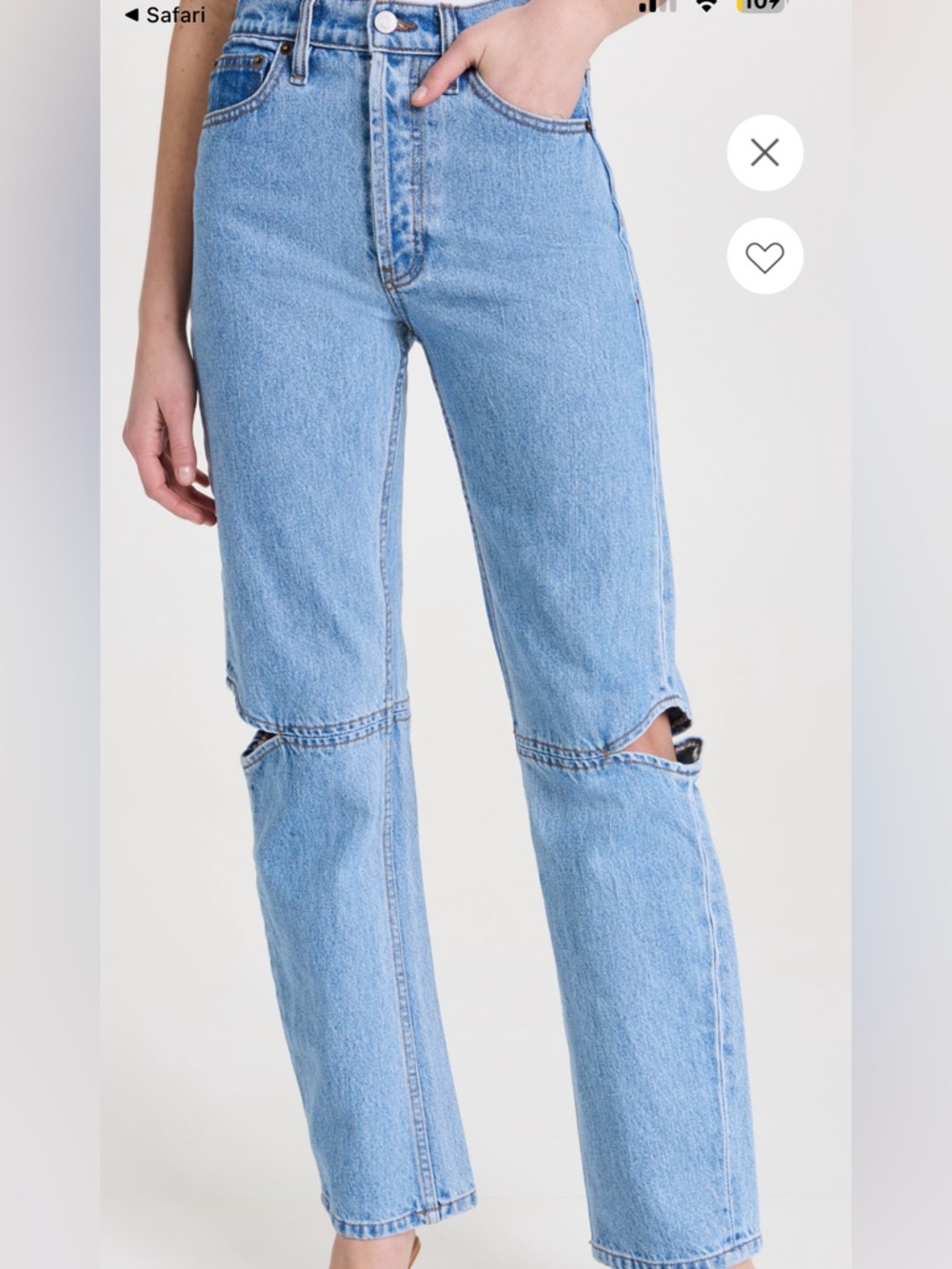 Still Here NY, Light Blue High-Rise Straight Jeans with Knee Cutouts